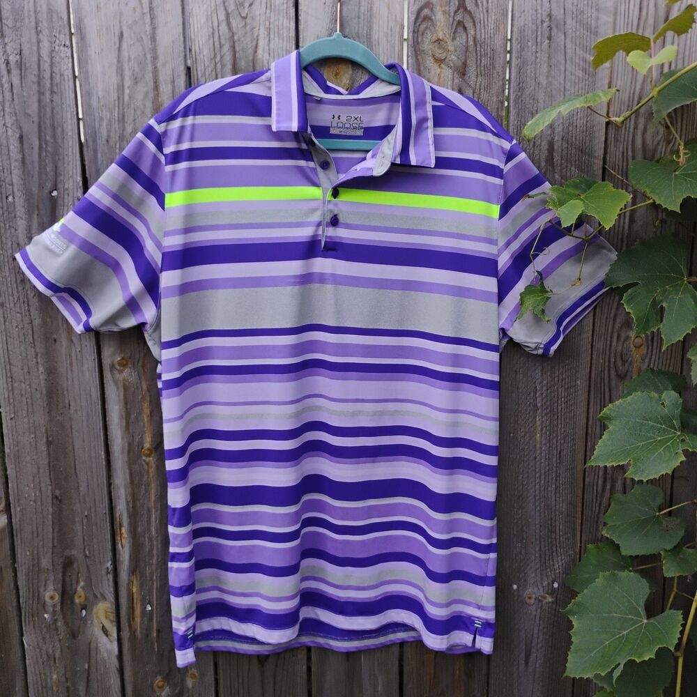 Under Armour Polo Shirt Loose Fit Heat Gear Golf 2XL Purple Striped Performance